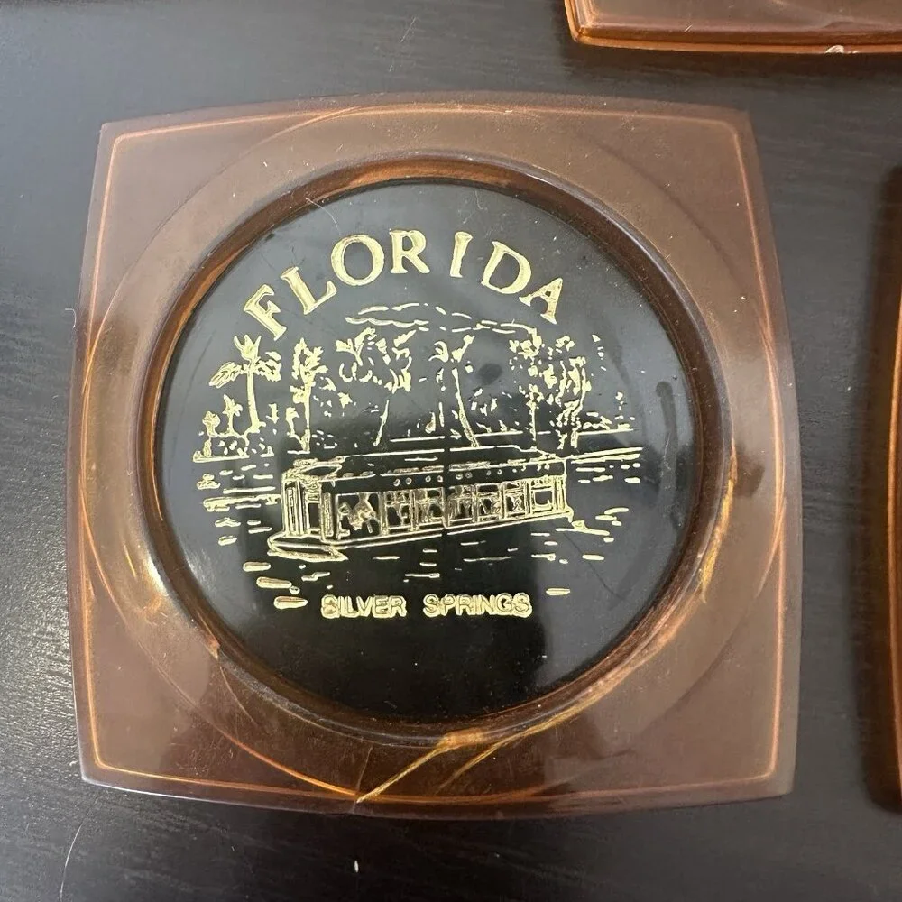 Vintage‎ Amber Plastic Florida Map Souvenir Coasters Made in Hong Kong